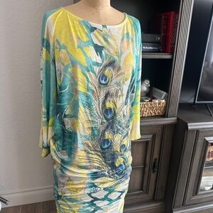 S-Twelve Vibrant Peacock Print sparkle Embellished Long Sleeve Dress